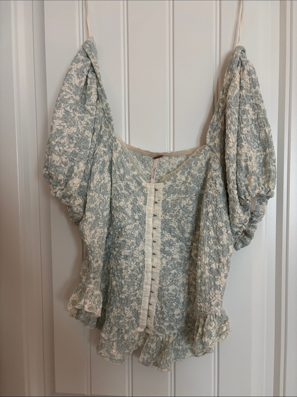 Free People Pale Blue Floral Puff-Sleeve Blouse with Cream Trim